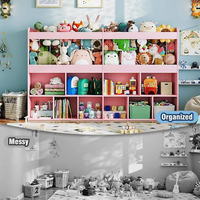 Alt view image 7 of 7 - 63.6"W Toy Storage Organizer, Kids Bookshelf with 10 Cube Organizer