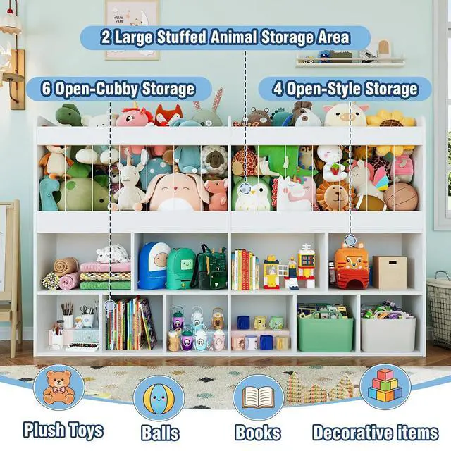 Alt view image 3 of 7 - 63.6"W Toy Storage Organizer, Kids Bookshelf with 10 Cube Organizer Bookcase, 220L Stuffed Animal Storage, Open Shelf Simple Compartments for Playroom, Kids Room, Living Room, Kindergarten,White