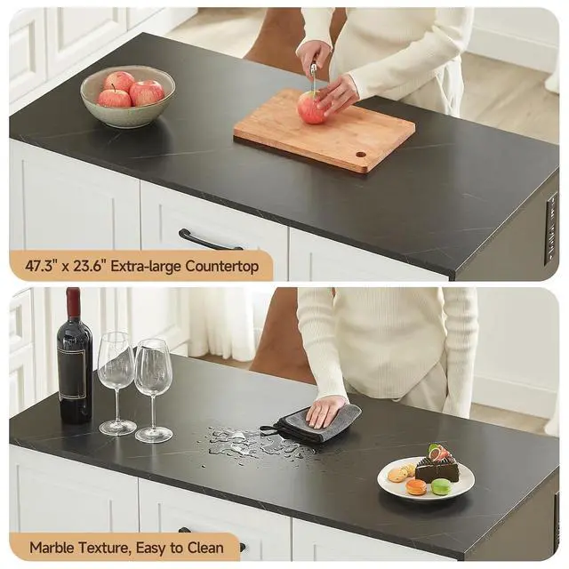 Alt view image 5 of 7 - 47" Kitchen Island with Power Outlet & Imitation Marble, Black