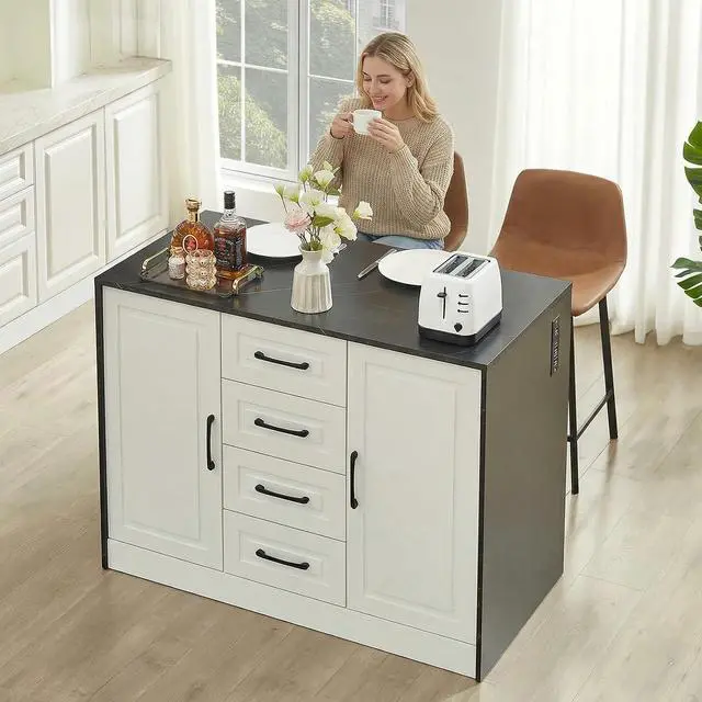 Alt view image 7 of 7 - 47" Kitchen Island with Power Outlet & Imitation Marble, Black