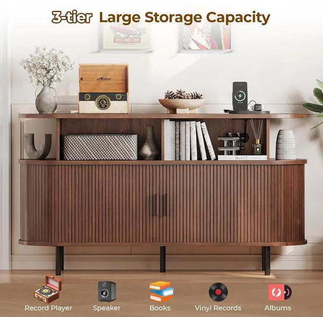 Alt view image 3 of 7 - Mid Century Modern Record Player Cabinet with Vinyl Storage