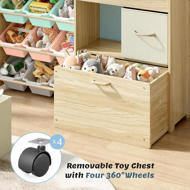 Alt view image 4 of 7 - Toy Storage Organizer for Kids, 9-Bin Toy Organizer with 2-Drawers,Movable Toy Chest and Top Rack, Kids Bookshelf and Toy Storage for Playroom, Bedroom, Nursery, Multi-Color