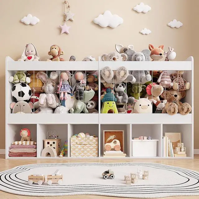 Main image of 63.6"W Toy Storage Organizer with Stuffed Animal Storage, 240L Kids Stuffed Animal Holder & 6 Open Cubbies, Extra Large Toy & Book Shelf for Playroom, Kids Room, Kindergarten, Classroom, White