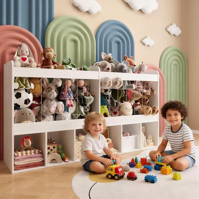Alt view image 5 of 7 - 63.6"W Toy Storage Organizer with Stuffed Animal Storage, 240L Kids Stuffed Animal Holder & 6 Open Cubbies, Extra Large Toy & Book Shelf for Playroom, Kids Room, Kindergarten, Classroom, White