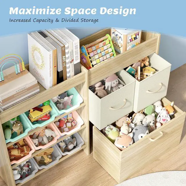 Alt view image 5 of 7 - Toy Storage Organizer for Kids, 9-Bin Toy Organizer with 2-Drawers,Movable Toy Chest and Top Rack, Kids Bookshelf and Toy Storage for Playroom, Bedroom, Nursery, Multi-Color