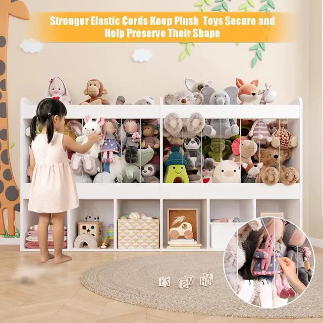 Alt view image 4 of 7 - 63.6"W Toy Storage Organizer with Stuffed Animal Storage, 240L Kids Stuffed Animal Holder & 6 Open Cubbies, Extra Large Toy & Book Shelf for Playroom, Kids Room, Kindergarten, Classroom, White