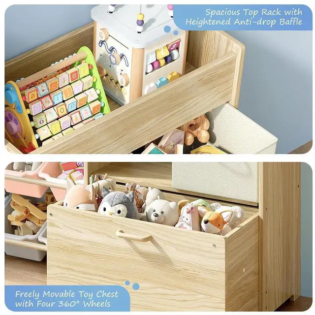 Alt view image 7 of 7 - Toy Storage Organizer for Kids, 9-Bin Toy Organizer with 2-Drawers,Movable Toy Chest and Top Rack, Kids Bookshelf and Toy Storage for Playroom, Bedroom, Nursery, Multi-Color
