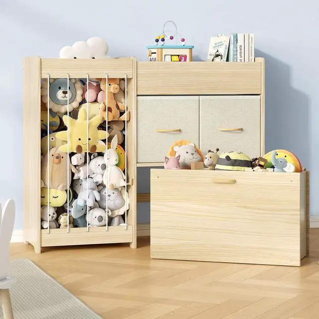 Main image of Toy Storage Organizer with Stuffed Animal Holder, Solid Wood Kids Toy Shelf with 2 Drawers, Rolling Toy Chest and Top Rack, Plush Toy Storage for Bedroom, Playroom, Nursery