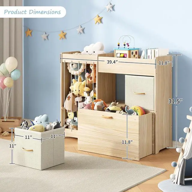Alt view image 2 of 7 - Toy Storage Organizer with Stuffed Animal Holder, Solid Wood Kids Toy Shelf with 2 Drawers, Rolling Toy Chest and Top Rack, Plush Toy Storage for Bedroom, Playroom, Nursery