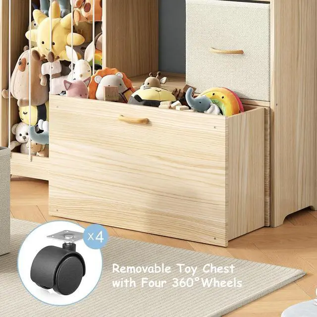 Alt view image 3 of 7 - Toy Storage Organizer with Stuffed Animal Holder, Solid Wood Kids Toy Shelf with 2 Drawers, Rolling Toy Chest and Top Rack, Plush Toy Storage for Bedroom, Playroom, Nursery