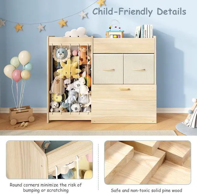 Alt view image 5 of 7 - Toy Storage Organizer with Stuffed Animal Holder, Solid Wood Kids Toy Shelf with 2 Drawers, Rolling Toy Chest and Top Rack, Plush Toy Storage for Bedroom, Playroom, Nursery