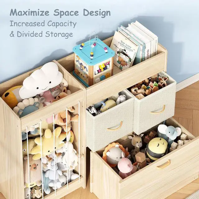 Alt view image 6 of 7 - Toy Storage Organizer with Stuffed Animal Holder, Solid Wood Kids Toy Shelf with 2 Drawers, Rolling Toy Chest and Top Rack, Plush Toy Storage for Bedroom, Playroom, Nursery