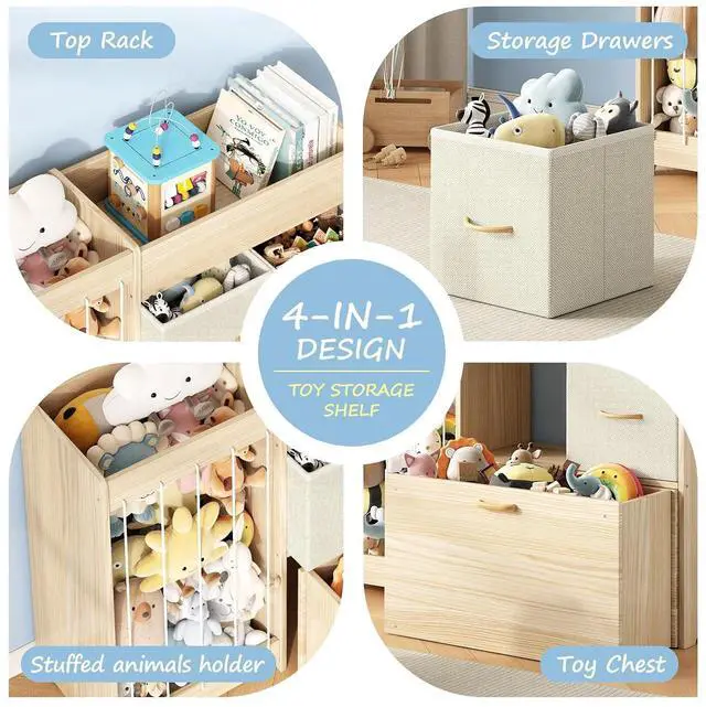 Alt view image 7 of 7 - Toy Storage Organizer with Stuffed Animal Holder, Solid Wood Kids Toy Shelf with 2 Drawers, Rolling Toy Chest and Top Rack, Plush Toy Storage for Bedroom, Playroom, Nursery