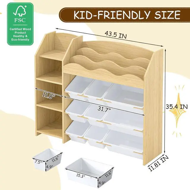 Alt view image 2 of 7 - Toy Storage Organizer, Scalloped Bookshelf, 4 Toy Shelves, 9 Bins