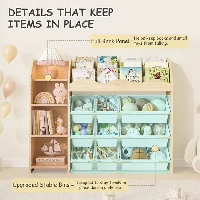 Alt view image 6 of 7 - Toy Storage Organizer, Scalloped Bookshelf, 4 Toy Shelves, 9 Bins