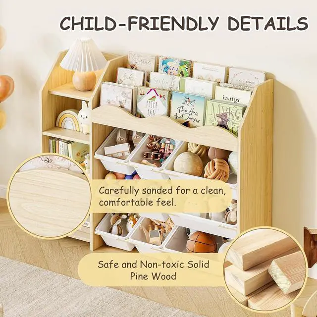 Alt view image 7 of 7 - Toy Storage Organizer, Scalloped Bookshelf, 4 Toy Shelves, 9 Bins