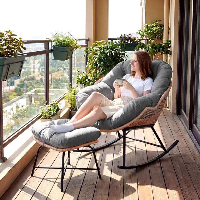 Alt view image 4 of 7 - Outdoor Papasan Rocking Chair, Egg Chair with Ottoman, Light Gray