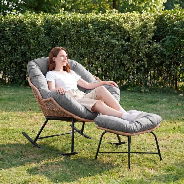 Alt view image 5 of 7 - Outdoor Papasan Rocking Chair, Egg Chair with Ottoman, Light Gray