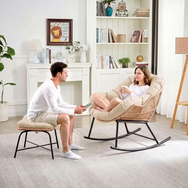 Alt view image 2 of 7 - Outdoor Papasan Rocking Chair, Egg Chair with Ottoman, Beige