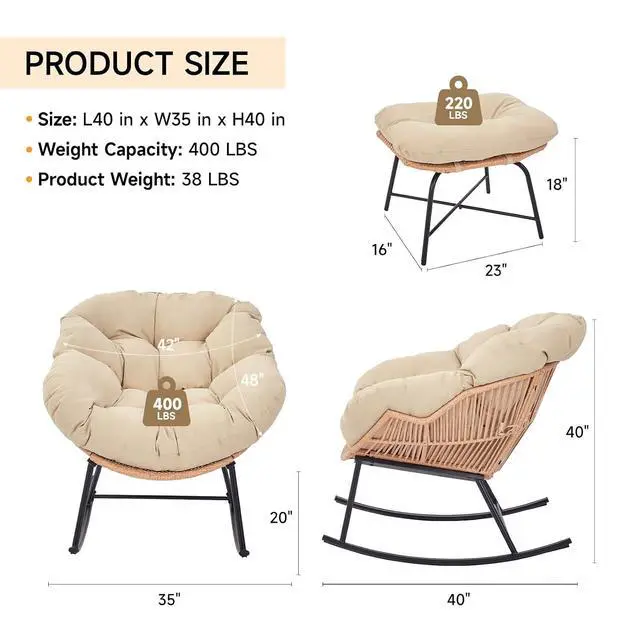 Alt view image 3 of 7 - Outdoor Papasan Rocking Chair, Egg Chair with Ottoman, Beige