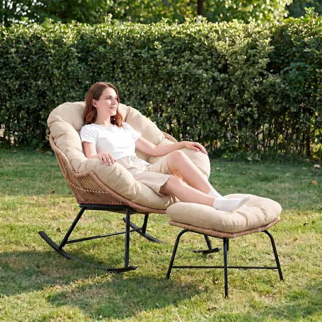 Alt view image 5 of 7 - Outdoor Papasan Rocking Chair, Egg Chair with Ottoman, Beige