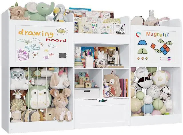 Main image of 70.8" W Toy Organizers and Storage, 378L Large Stuffed Animal Storage with 3-Tier Bookshelf, 2 Magnetic Drawing Boards and Open Cubbies & Rolling Drawer for 120+ Plush Toys, Playroom Nursery, White