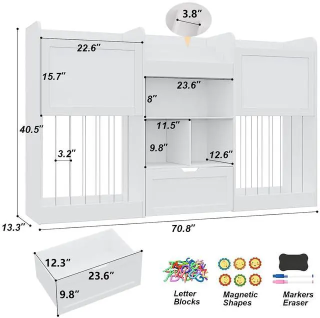 Alt view image 3 of 7 - 70.8" W Toy Organizers and Storage, 378L Large Stuffed Animal Storage with 3-Tier Bookshelf, 2 Magnetic Drawing Boards and Open Cubbies & Rolling Drawer for 120+ Plush Toys, Playroom Nursery, White