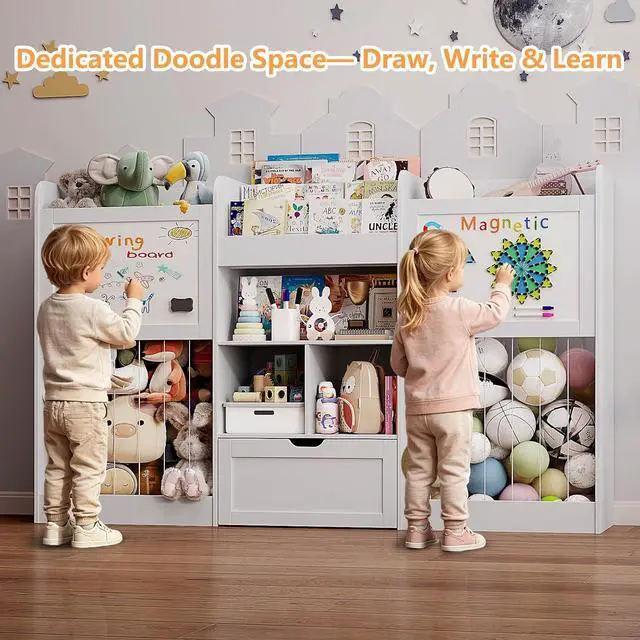 Alt view image 2 of 7 - 70.8" W Toy Organizers and Storage, 378L Large Stuffed Animal Storage with 3-Tier Bookshelf, 2 Magnetic Drawing Boards and Open Cubbies & Rolling Drawer for 120+ Plush Toys, Playroom Nursery, White