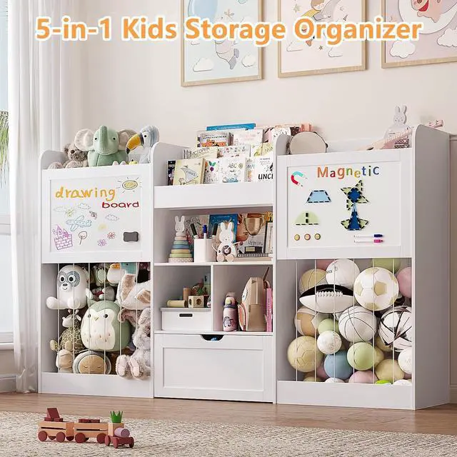 Alt view image 4 of 7 - 70.8" W Toy Organizers and Storage, 378L Large Stuffed Animal Storage with 3-Tier Bookshelf, 2 Magnetic Drawing Boards and Open Cubbies & Rolling Drawer for 120+ Plush Toys, Playroom Nursery, White