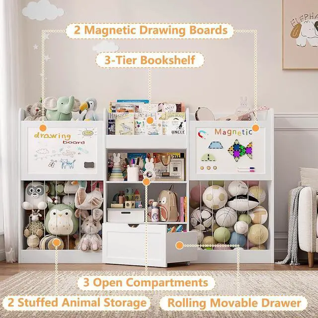 Alt view image 5 of 7 - 70.8" W Toy Organizers and Storage, 378L Large Stuffed Animal Storage with 3-Tier Bookshelf, 2 Magnetic Drawing Boards and Open Cubbies & Rolling Drawer for 120+ Plush Toys, Playroom Nursery, White