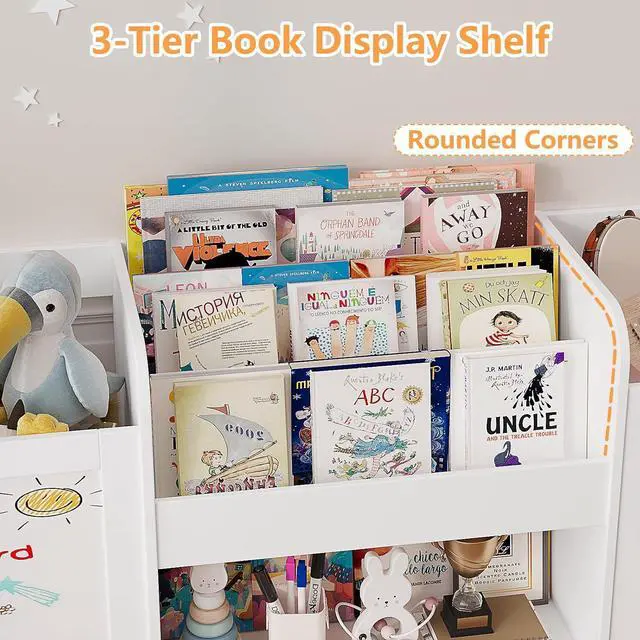 Alt view image 7 of 7 - 70.8" W Toy Organizers and Storage, 378L Large Stuffed Animal Storage with 3-Tier Bookshelf, 2 Magnetic Drawing Boards and Open Cubbies & Rolling Drawer for 120+ Plush Toys, Playroom Nursery, White