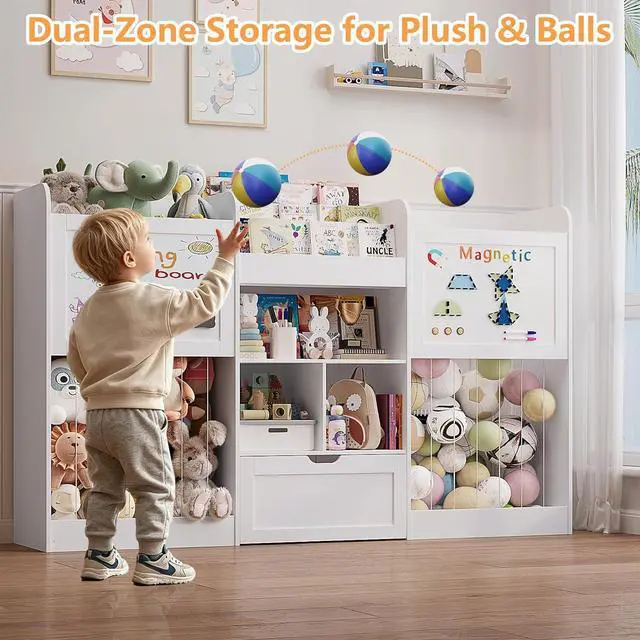 Alt view image 6 of 7 - 70.8" W Toy Organizers and Storage, 378L Large Stuffed Animal Storage with 3-Tier Bookshelf, 2 Magnetic Drawing Boards and Open Cubbies & Rolling Drawer for 120+ Plush Toys, Playroom Nursery, White