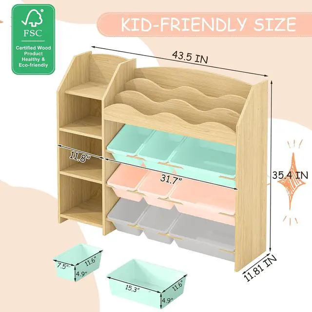 Alt view image 2 of 7 - Kids Toy Organizer, Scalloped Bookshelf, 4 Shelves, 9 Color Bins