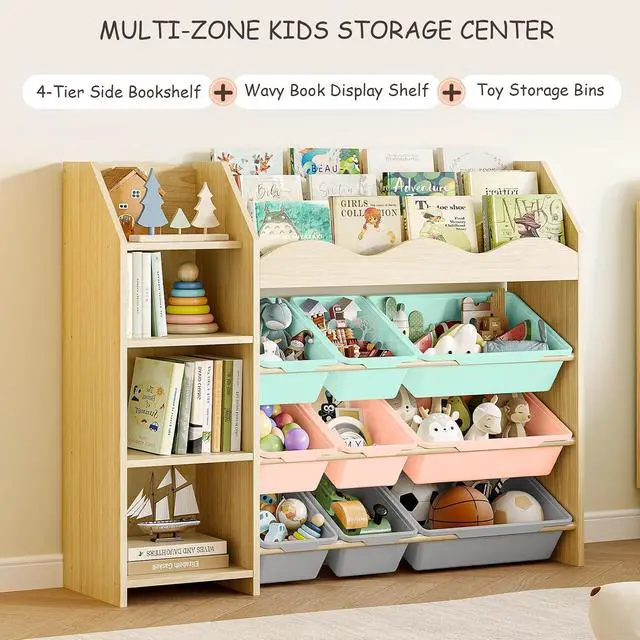 Alt view image 3 of 7 - Kids Toy Organizer, Scalloped Bookshelf, 4 Shelves, 9 Color Bins