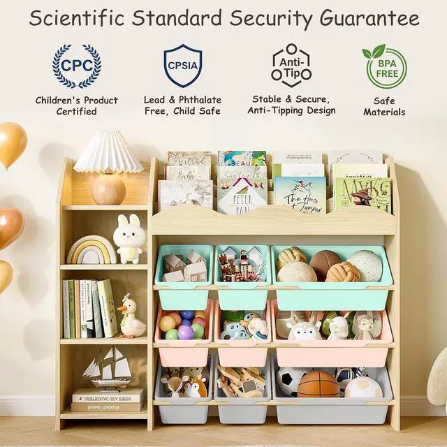 Alt view image 5 of 7 - Kids Toy Organizer, Scalloped Bookshelf, 4 Shelves, 9 Color Bins