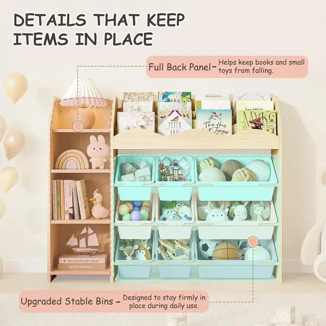 Alt view image 6 of 7 - Kids Toy Organizer, Scalloped Bookshelf, 4 Shelves, 9 Color Bins