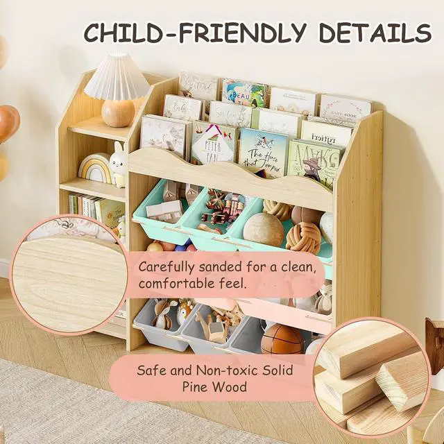 Alt view image 7 of 7 - Kids Toy Organizer, Scalloped Bookshelf, 4 Shelves, 9 Color Bins