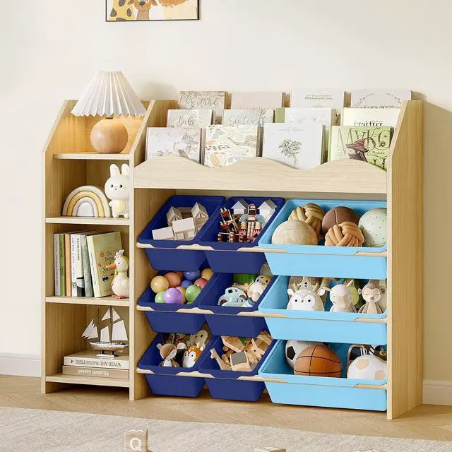 Main image of Kids Toy Storage Organizer, Scalloped Shelf, 12 Blue Bins