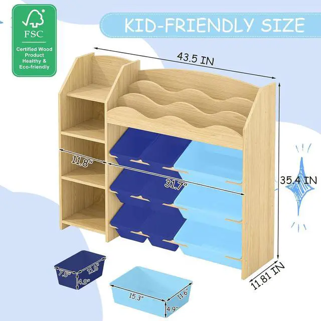 Alt view image 2 of 7 - Kids Toy Storage Organizer, Scalloped Shelf, 12 Blue Bins