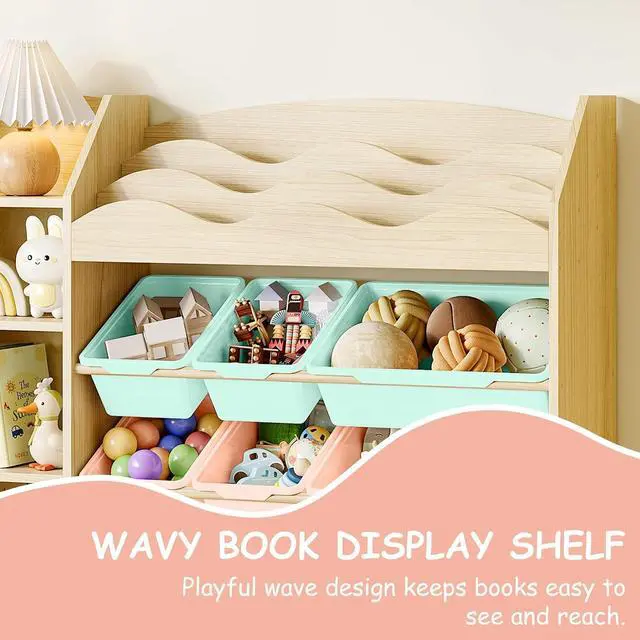 Alt view image 4 of 7 - Kids Toy Organizer, Scalloped Bookshelf, 4 Shelves, 9 Color Bins