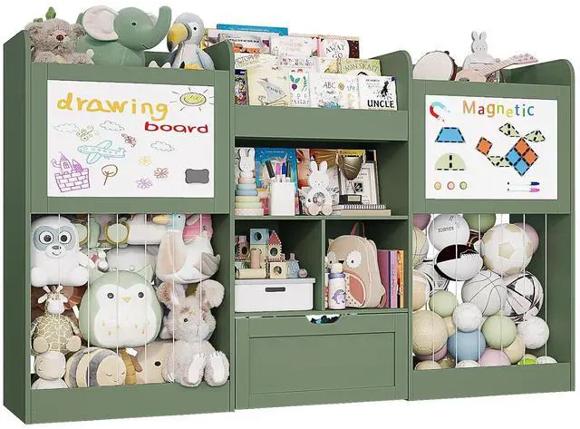 Main image of 70.8" W Toy Organizers and Storage, 378L Large Stuffed Animal Storage with 3-Tier Bookshelf, 2 Magnetic Drawing Boards and Open Cubbies & Rolling Drawer for 120+ Plush Toys, Playroom Nursery, Green