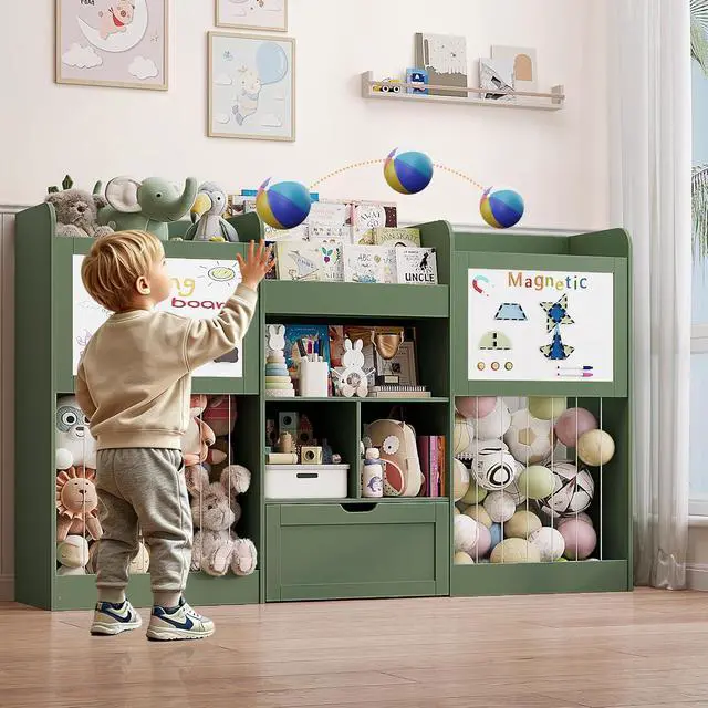 Alt view image 2 of 7 - 70.8" W Toy Organizers and Storage, 378L Large Stuffed Animal Storage with 3-Tier Bookshelf, 2 Magnetic Drawing Boards and Open Cubbies & Rolling Drawer for 120+ Plush Toys, Playroom Nursery, Green