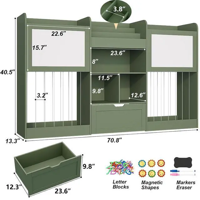 Alt view image 3 of 7 - 70.8" W Toy Organizers and Storage, 378L Large Stuffed Animal Storage with 3-Tier Bookshelf, 2 Magnetic Drawing Boards and Open Cubbies & Rolling Drawer for 120+ Plush Toys, Playroom Nursery, Green