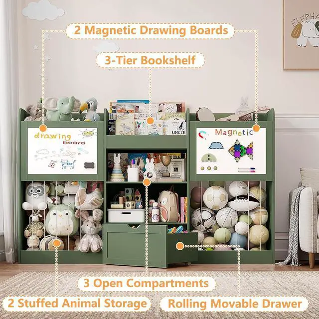 Alt view image 5 of 7 - 70.8" W Toy Organizers and Storage, 378L Large Stuffed Animal Storage with 3-Tier Bookshelf, 2 Magnetic Drawing Boards and Open Cubbies & Rolling Drawer for 120+ Plush Toys, Playroom Nursery, Green