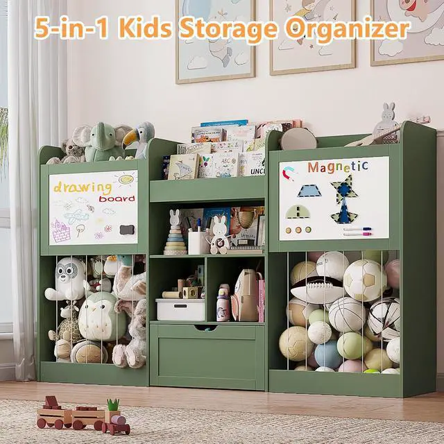 Alt view image 4 of 7 - 70.8" W Toy Organizers and Storage, 378L Large Stuffed Animal Storage with 3-Tier Bookshelf, 2 Magnetic Drawing Boards and Open Cubbies & Rolling Drawer for 120+ Plush Toys, Playroom Nursery, Green