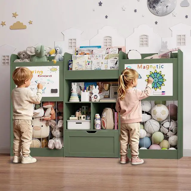 Alt view image 6 of 7 - 70.8" W Toy Organizers and Storage, 378L Large Stuffed Animal Storage with 3-Tier Bookshelf, 2 Magnetic Drawing Boards and Open Cubbies & Rolling Drawer for 120+ Plush Toys, Playroom Nursery, Green