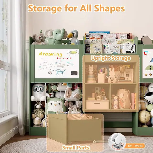 Alt view image 7 of 7 - 70.8" W Toy Organizers and Storage, 378L Large Stuffed Animal Storage with 3-Tier Bookshelf, 2 Magnetic Drawing Boards and Open Cubbies & Rolling Drawer for 120+ Plush Toys, Playroom Nursery, Green