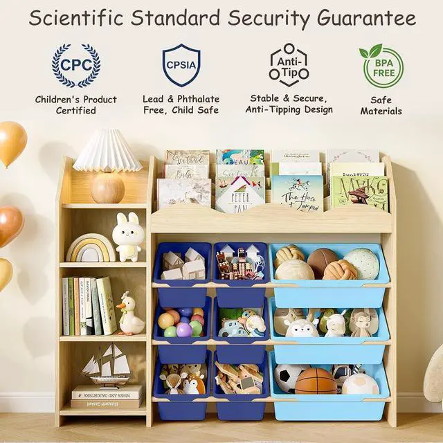 Alt view image 7 of 7 - Kids Toy Storage Organizer, Scalloped Shelf, 12 Blue Bins