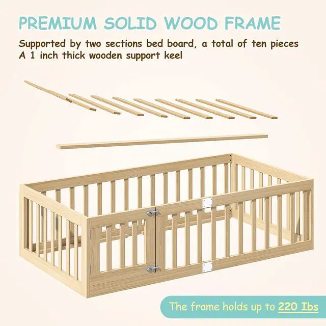 Alt view image 3 of 7 - Twin Montessori Floor Bed with High Guardrails and 2 Door Latch, Solid Wood Toddler Bed Frame with 10 Slats and Supporting keel, Low-to-Floor for Crib-to-Bed Transition, Natural
