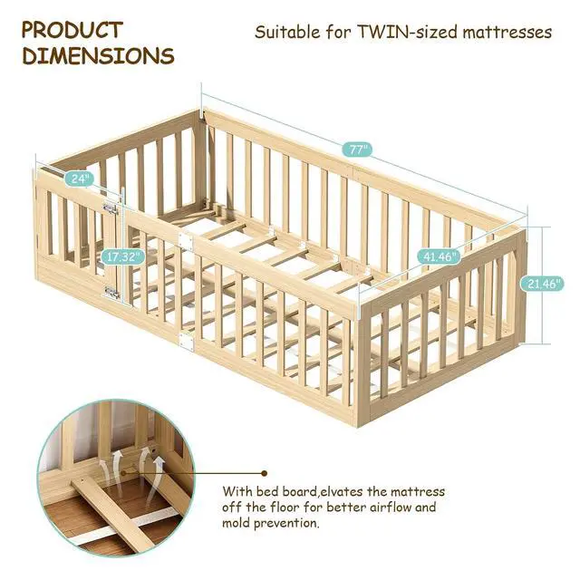 Alt view image 2 of 7 - Twin Montessori Floor Bed with High Guardrails and 2 Door Latch, Solid Wood Toddler Bed Frame with 10 Slats and Supporting keel, Low-to-Floor for Crib-to-Bed Transition, Natural
